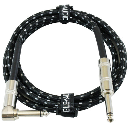 GLS Audio Instrument Cable - Amp Cord For Bass And Electric Guitar - Straight To Right Angle 1/4 Inch Instrument Cable - Black/Grey Braided Tweed, 6ft,