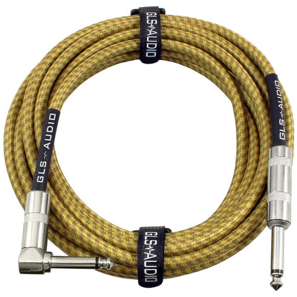 GLS Audio Instrument Cable - Amp Cord For Bass And Electric Guitar - Straight To Right Angle 1/4 Inch Instrument Cable - Brown/Yellow Braided Tweed, 20ft,