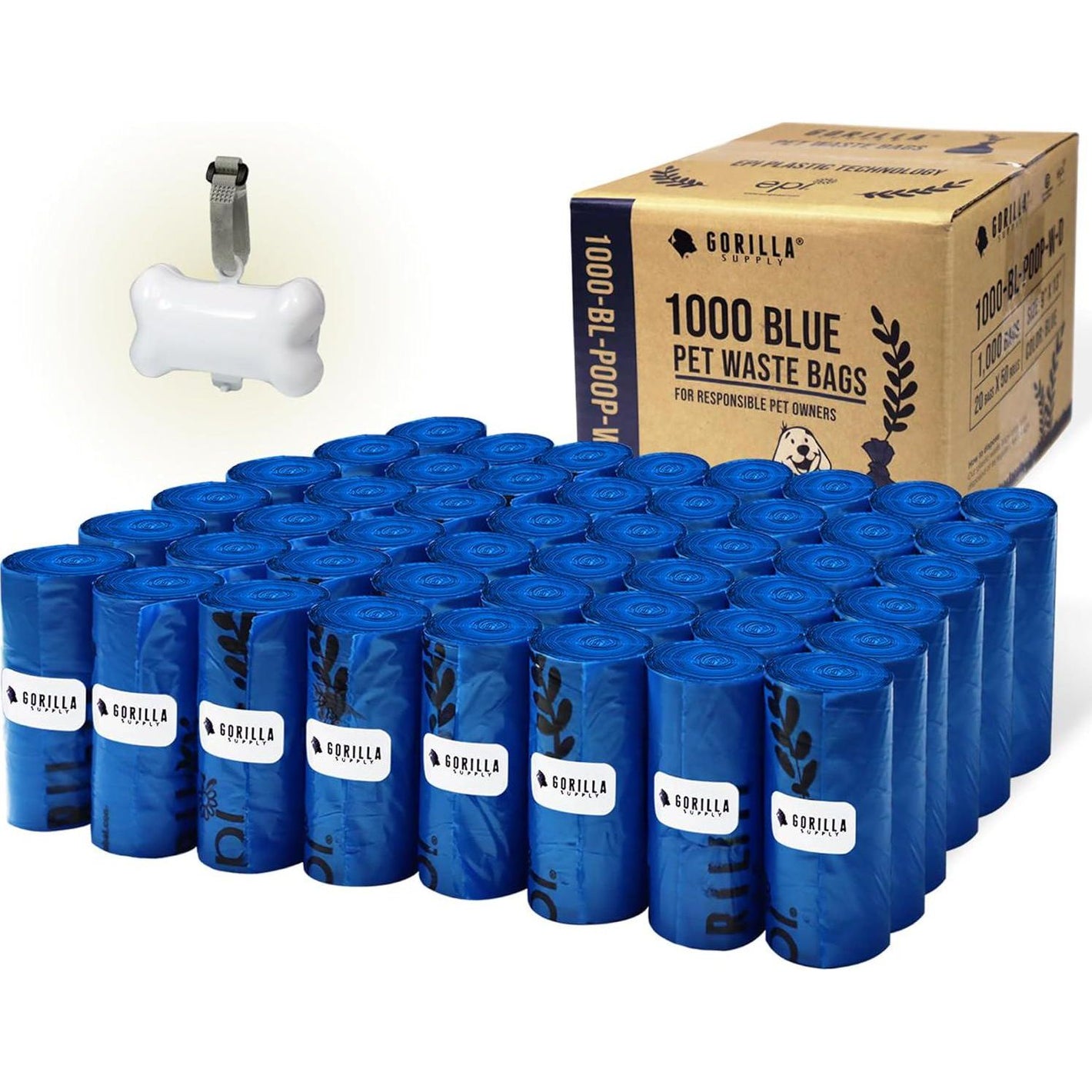 Gorilla Supply Dog Waste Bags with Dispenser 9 x 13 Blue 1000 Count Leak Proof Poop Bags with Leash Tie