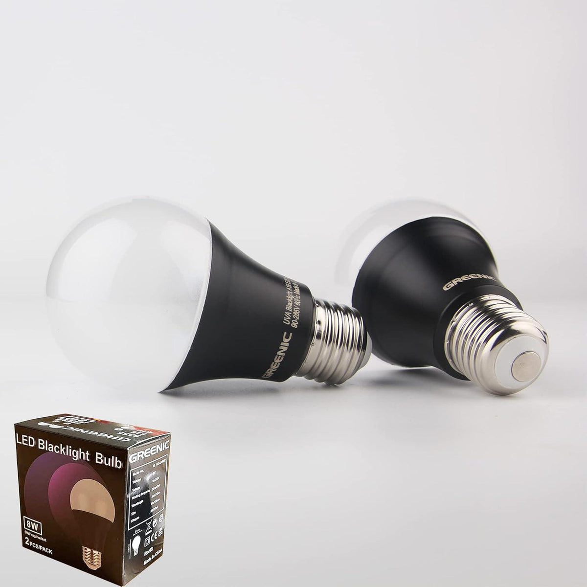 GREENIC UV Led Black Light Bulb 2 Pack, 8W (60W Equivalent) A19 E26 Blacklight Bulb UVA Level 385-400nm, Glow In Dark For Body Paint Club Party Neon Posters,605621293710