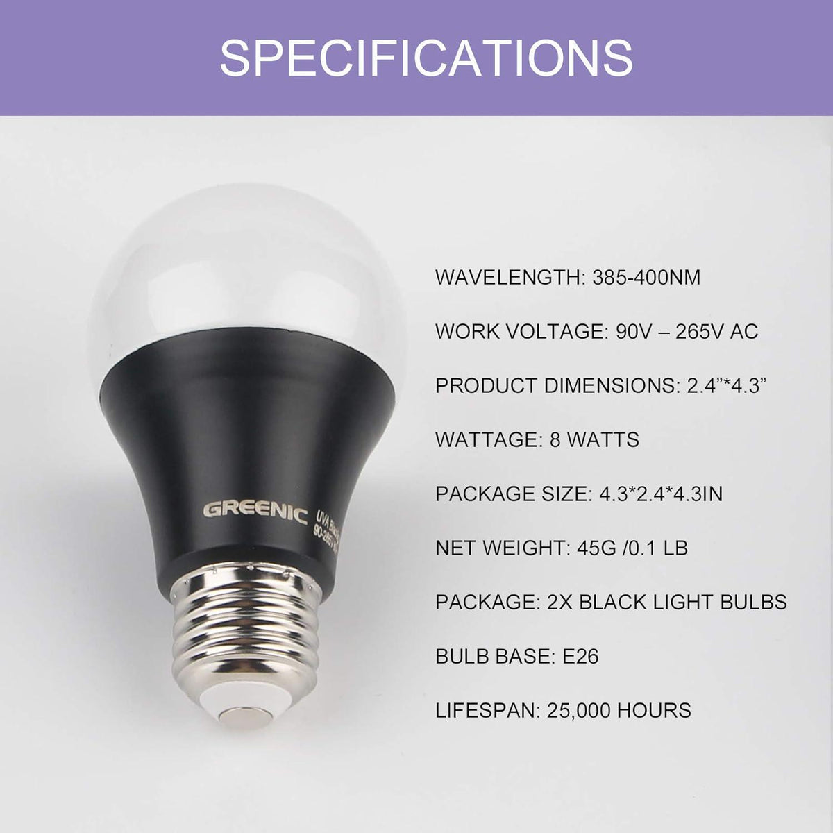GREENIC UV Led Black Light Bulb 2 Pack, 8W (60W Equivalent) A19 E26 Blacklight Bulb UVA Level 385-400nm, Glow In Dark For Body Paint Club Party Neon Posters,605621293710