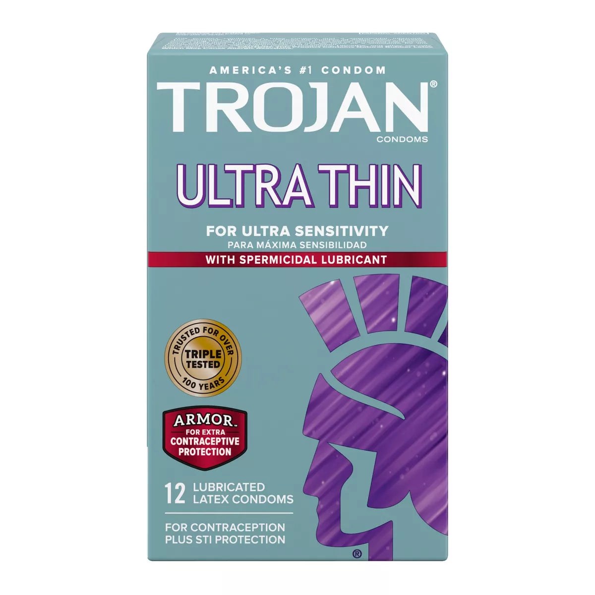 Trojan Ultra Thin With Spermicidal Lubricant Lubricated Latex Condoms 12 Count