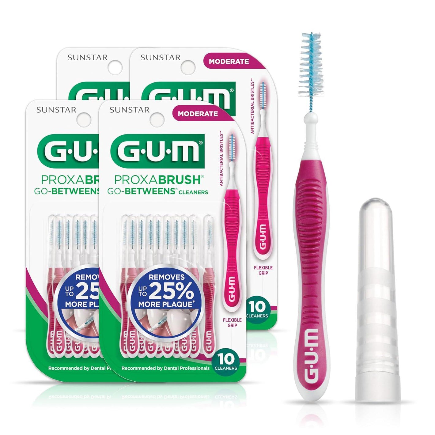 GUM GUM Proxabrush Go-Betweens - Moderate - Interdental Brushes - Soft Bristled Dental Picks For Plaque Removal Health - Safe For Braces And Dental Devices, 10ct (4pk)