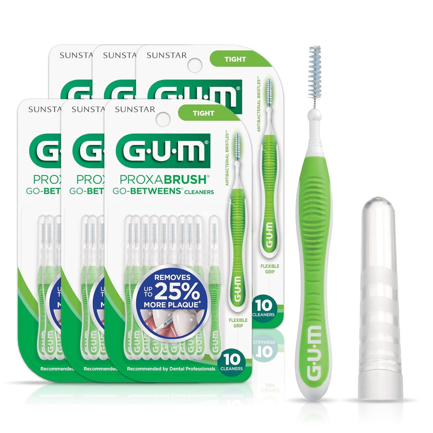 Gum Proxabrush Go-Betweens Tight Interdental Brushes, Soft Bristled Dental Picks for Plaque Removal, Safe for Braces and Dental Devices, 10ct, 6-Pack