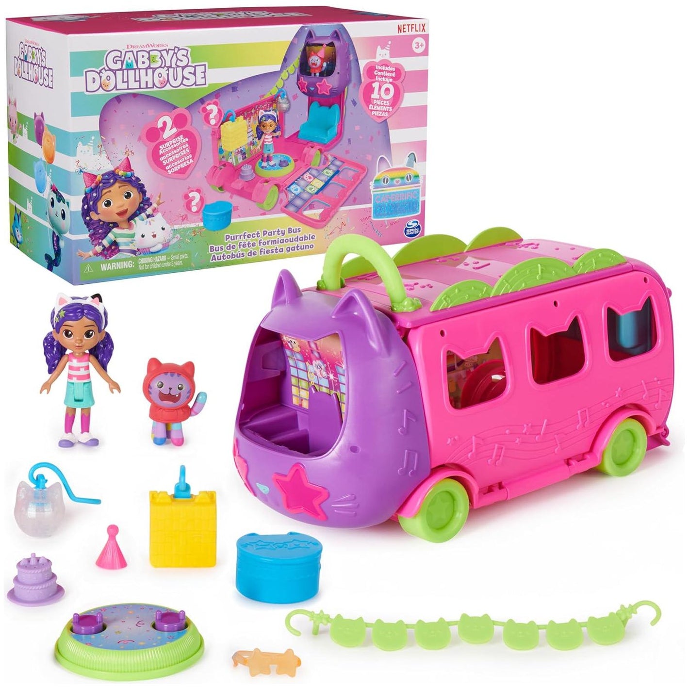 Spin Master Gabby’s Dollhouse Celebration Party Bus Playset with Gabby DJ Catnip Figures for Kids Age 3+