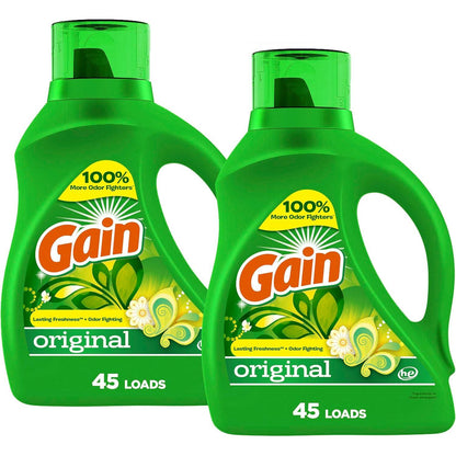 Gain Gain Laundry Detergent Liquid Soap Plus Aroma Boost, Original Scent, HE Compatible, 90 Loads Total, 65 Fl Oz (Pack Of 2), Gain Laundry Detergent, Liquid Laundry Detergent