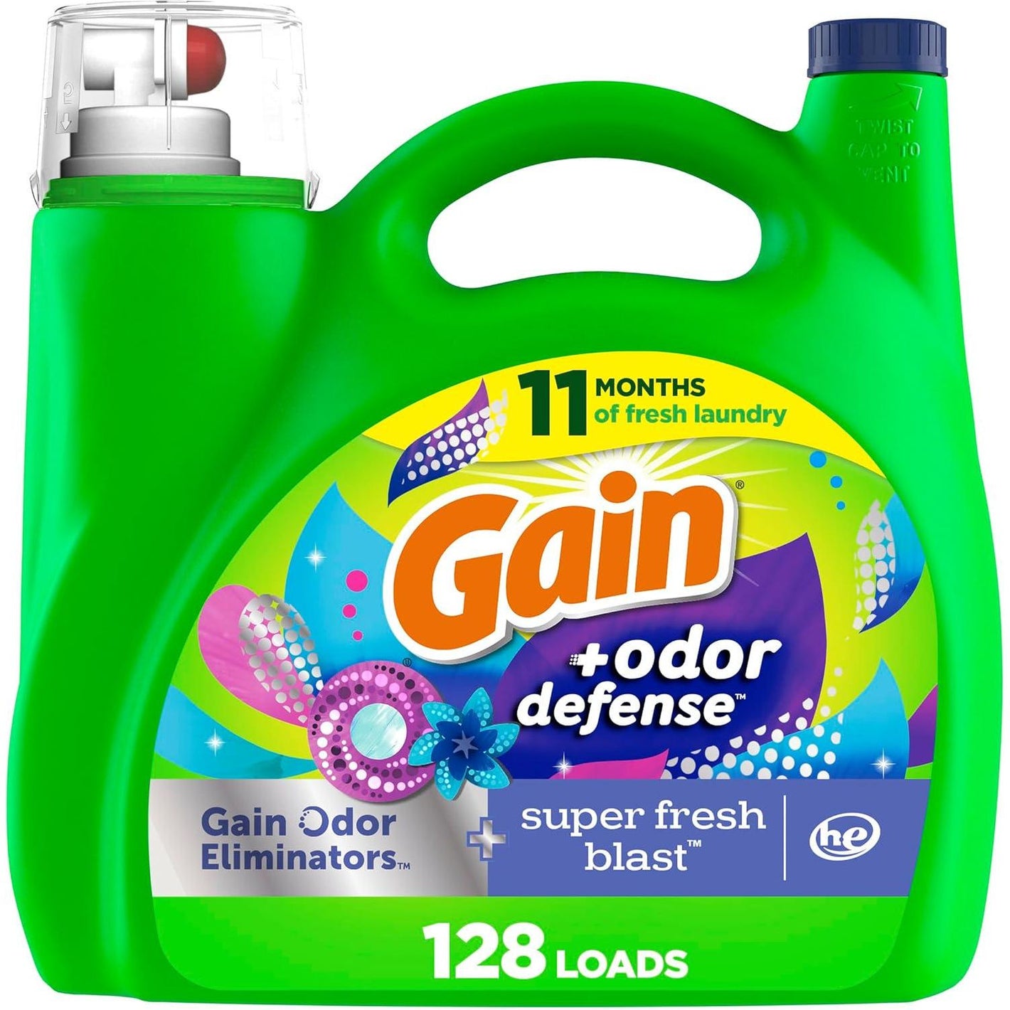Gain Odor Defense Liquid Laundry Detergent, HE Compatible, Super Fresh Blast Scent, 184 Fl Oz (128 Loads)