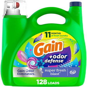 Gain Odor Defense Liquid Laundry Detergent, HE Compatible, Super Fresh Blast Scent, 184 Fl Oz (128 Loads)