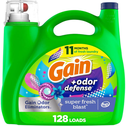 Gain Odor Defense Liquid Laundry Detergent, HE Compatible, Super Fresh Blast Scent, 184 Fl Oz (128 Loads)