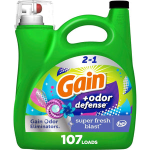 Gain Odor Defense Liquid Laundry Detergent, Super Fresh Blast Scent, 154 fl oz, 107 Loads, HE Compatible