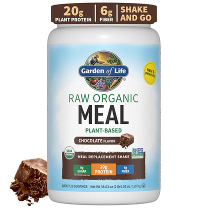Garden of Life Organic Meal Replacement Shakes, Vegan Protein Powder, Raw Organic Protein with Pea Protein, Greens & Probiotics, Chocolate, 28 Servings