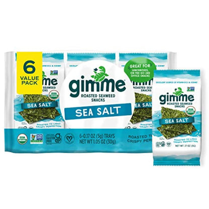 Gimme Organic Roasted Seaweed Snacks, Sea Salt, 6 Count, Vegan, Keto, Gluten-Free, High in Omega-3 & Iodine, Healthy On-the-Go Snack