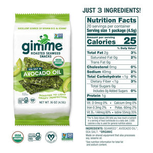 Gimme Seaweed Organic Premium Roasted Seaweed Snacks, Sea Salt & Avocado Oil, 20 Count, Keto, Vegan, Gluten-Free, Great Source of Omega-3s & Iodine