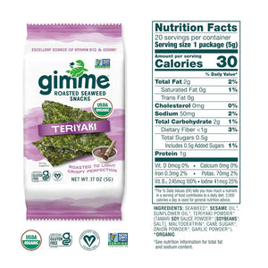 gimMe Gimme Seaweed Organic Premium Roasted Seaweed Snacks, Teriyaki, 20 Count, Keto, Vegan, Gluten-Free, Great Source Of Omega3s And Iodine, Healthy On-The-Go Snack For Kids And Adults