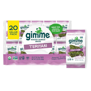 gimMe Gimme Seaweed Organic Premium Roasted Seaweed Snacks, Teriyaki, 20 Count, Keto, Vegan, Gluten-Free, Great Source Of Omega3s And Iodine, Healthy On-The-Go Snack For Kids And Adults