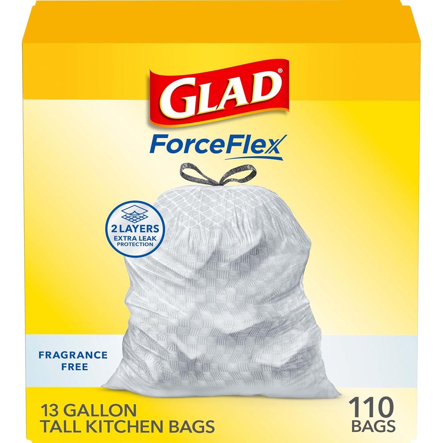 Glad Glad ForceFlex Drawstring Trash Bags, 13 Gal, Fragrance Free, 110 Ct, Pack May Vary