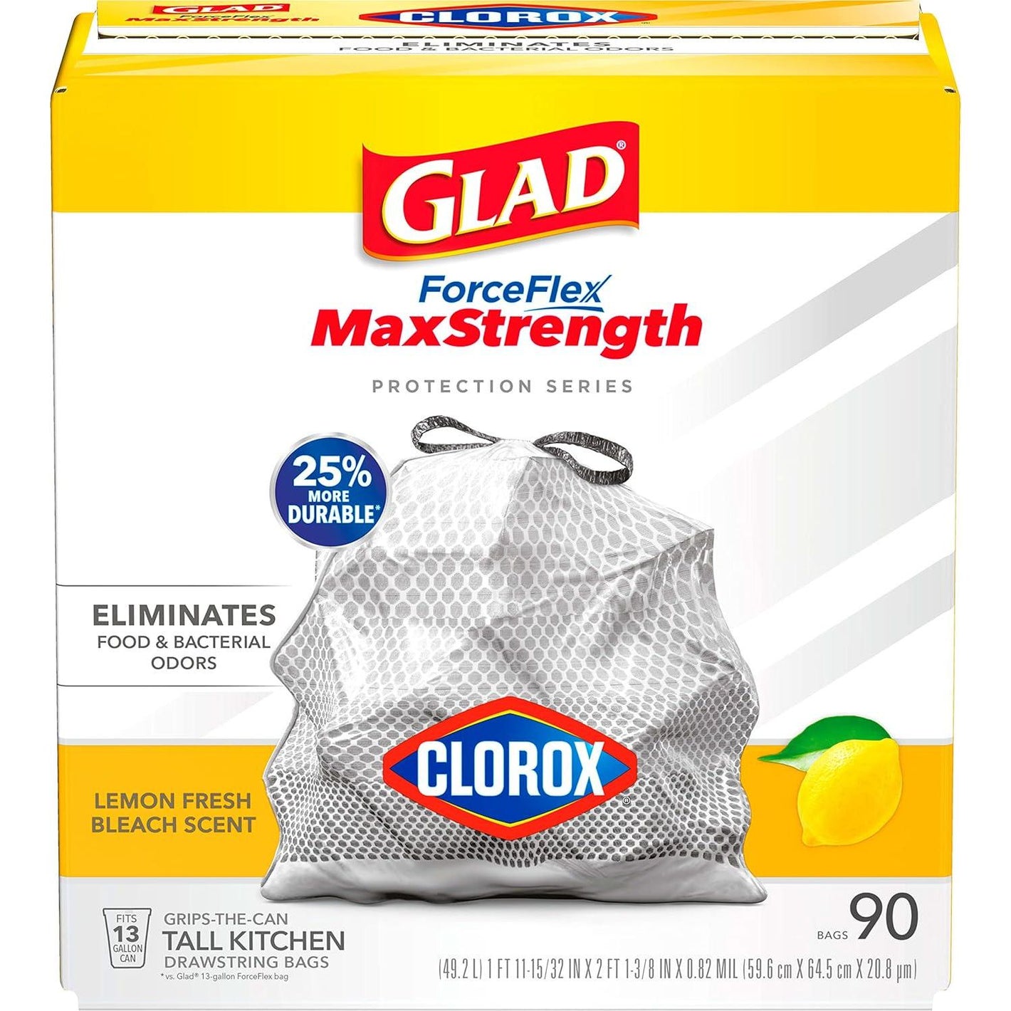 Glad Glad ForceFlex MaxStrength With Clorox Trash Bags, 13 Gal, Lemon Fresh Bleach, 90 Ct, Pack May Vary