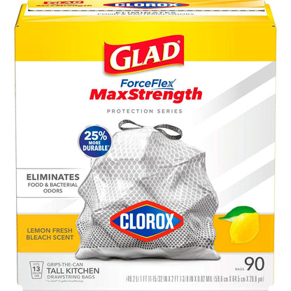 Glad Glad ForceFlex MaxStrength With Clorox Trash Bags, 13 Gal, Lemon Fresh Bleach, 90 Ct, Pack May Vary