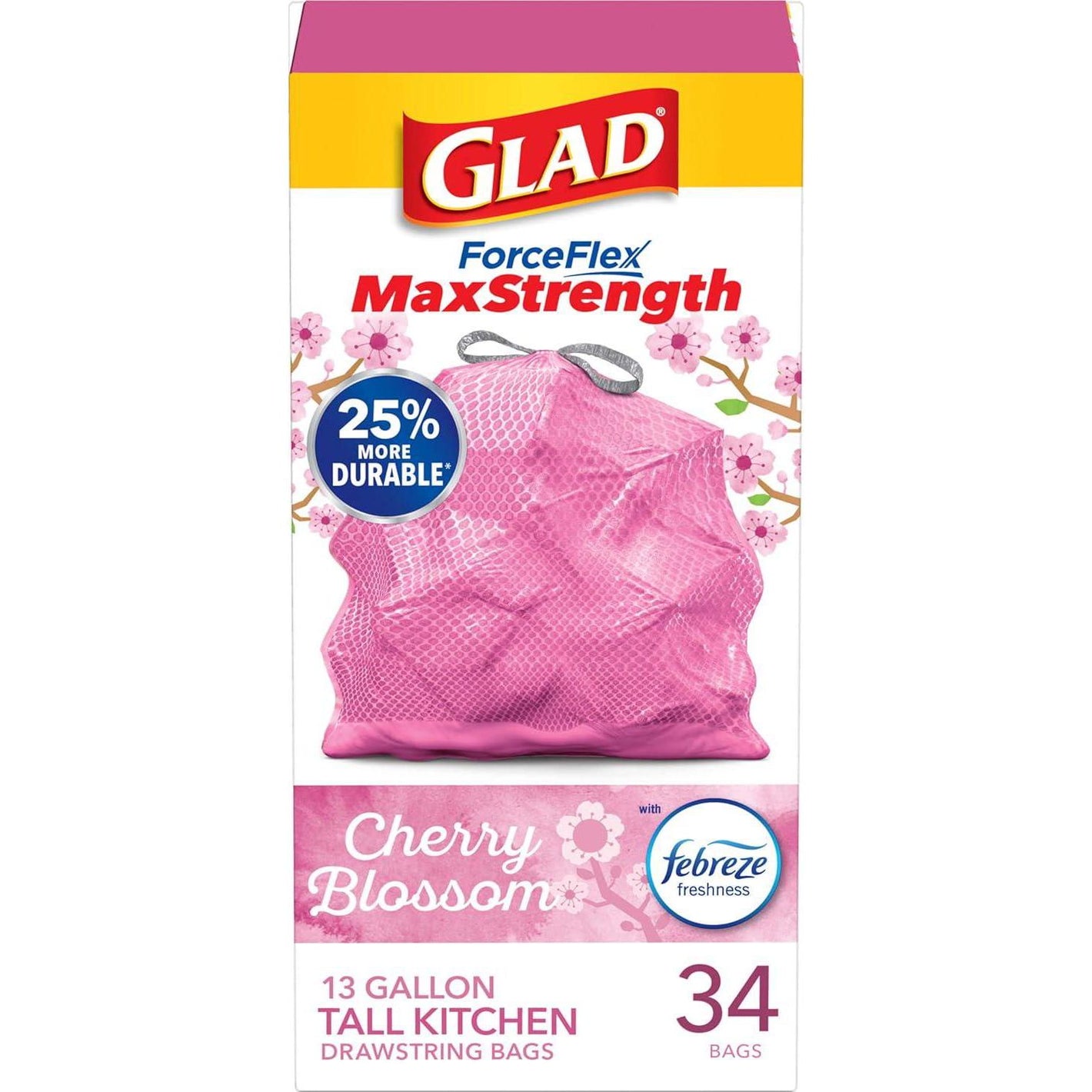 Glad Glad ForceFlex MaxStrength Tall Kitchen Trash Bags, 13 Gal, Cherry Blossom, 34 Ct (Package May Vary)