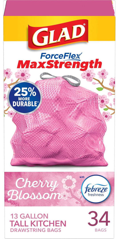 Glad Glad ForceFlex MaxStrength Tall Kitchen Trash Bags, 13 Gal, Cherry Blossom, 34 Ct (Package May Vary)