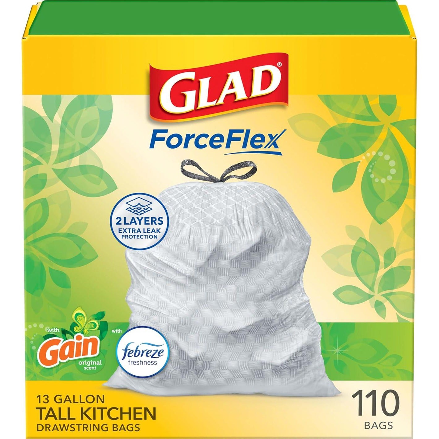 Glad Glad ForceFlex Tall Kitchen Trash Bags, 13 Gal, Gain Original With Febreze, 110 Ct (Pack May Vary)