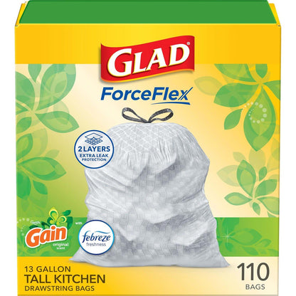 Glad Glad ForceFlex Tall Kitchen Trash Bags, 13 Gal, Gain Original With Febreze, 110 Ct (Pack May Vary)
