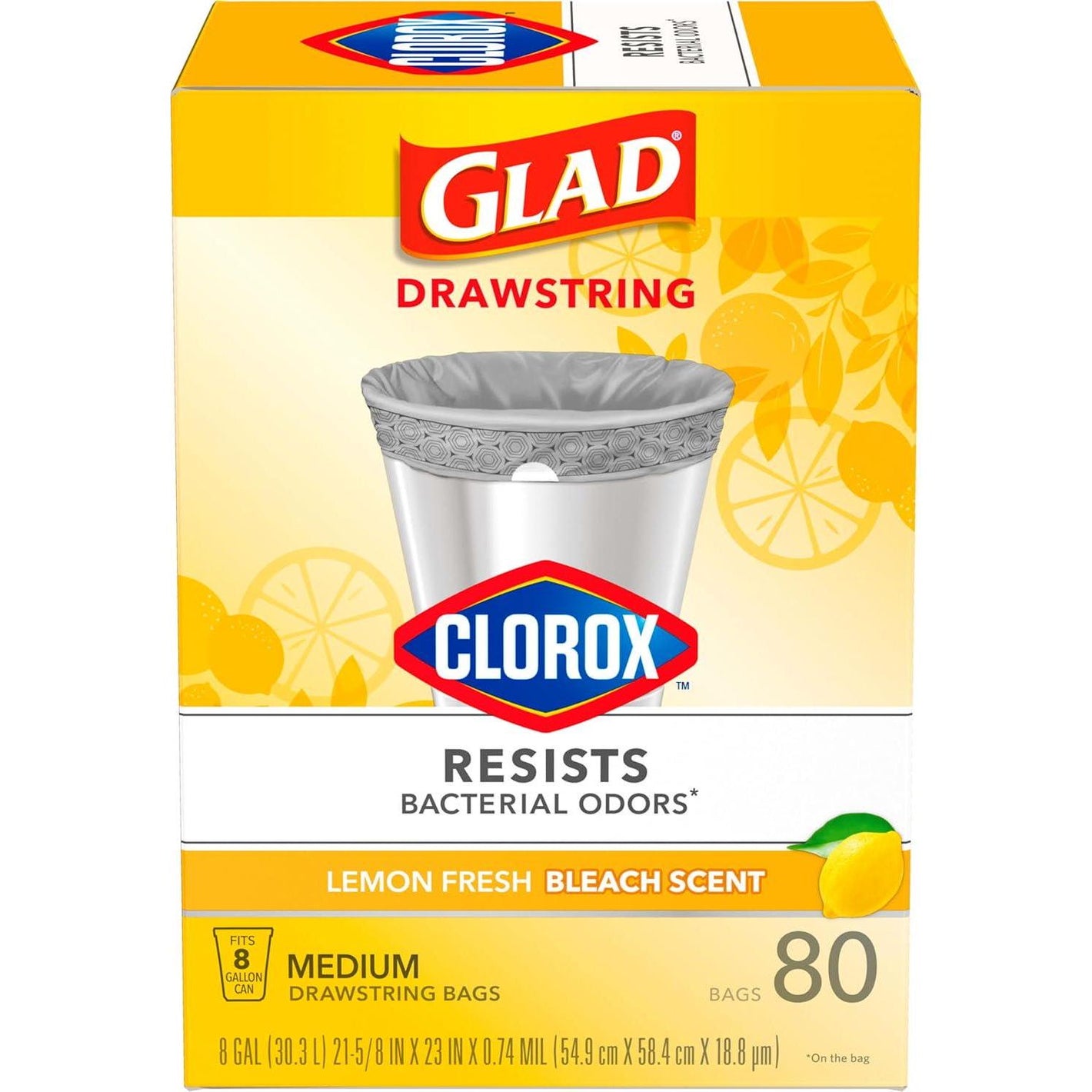 Glad Medium Drawstring Trash Bags with Clorox, 8 Gal, Lemon Fresh Bleach, 80 Count (Package May Vary)