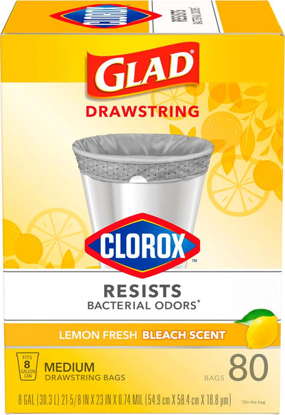 Glad Medium Drawstring Trash Bags with Clorox, 8 Gal, Lemon Fresh Bleach, 80 Count (Package May Vary)