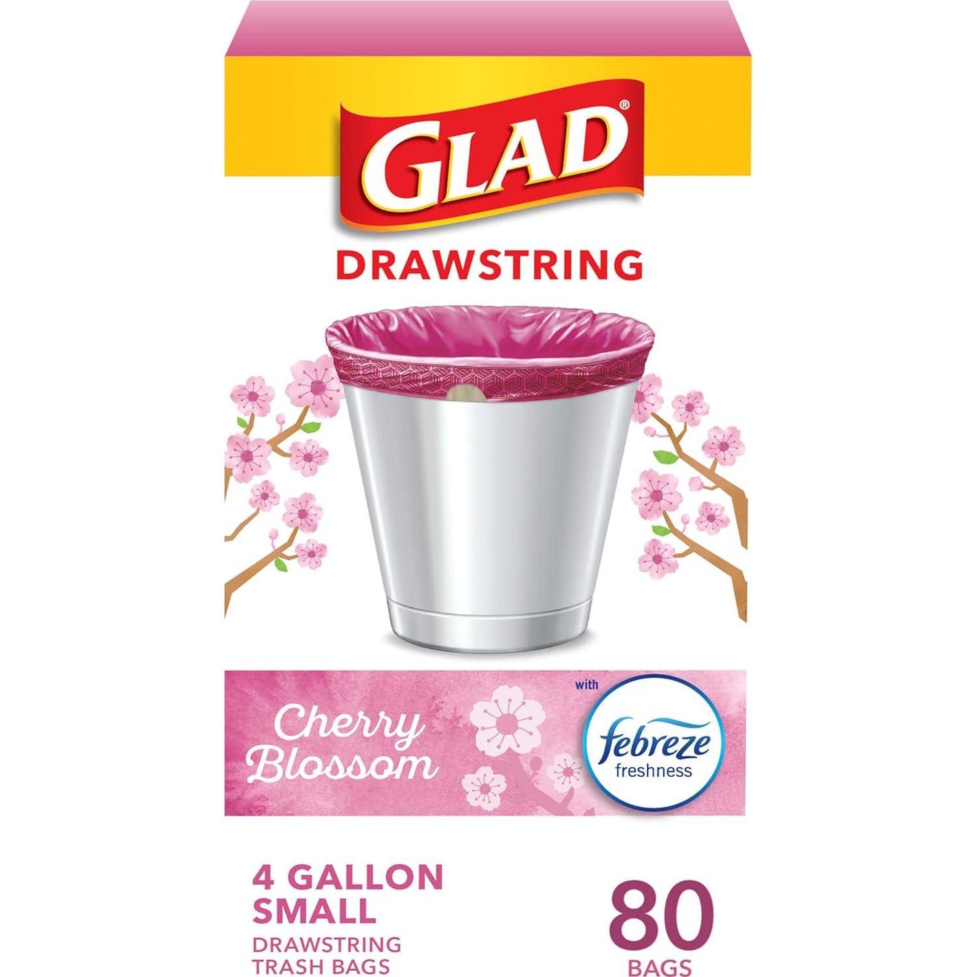 Glad Glad Odorshield Small Drawstring Trash Bags, 4 Gal, Pink, Cherry Blossom, 80 Ct, Pack May Vary