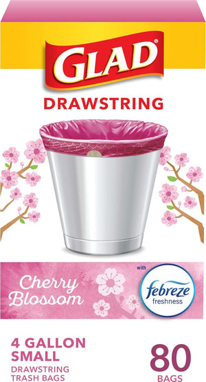 Glad Glad Odorshield Small Drawstring Trash Bags, 4 Gal, Pink, Cherry Blossom, 80 Ct, Pack May Vary