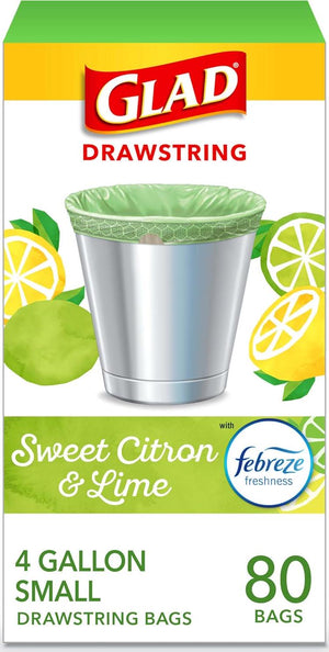Glad OdorShield Small Drawstring Trash Bags, Sweet Citron & Lime, 4 Gal, 80 Count