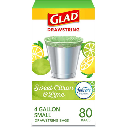 Glad OdorShield Small Drawstring Trash Bags, Sweet Citron & Lime, 4 Gal, 80 Count