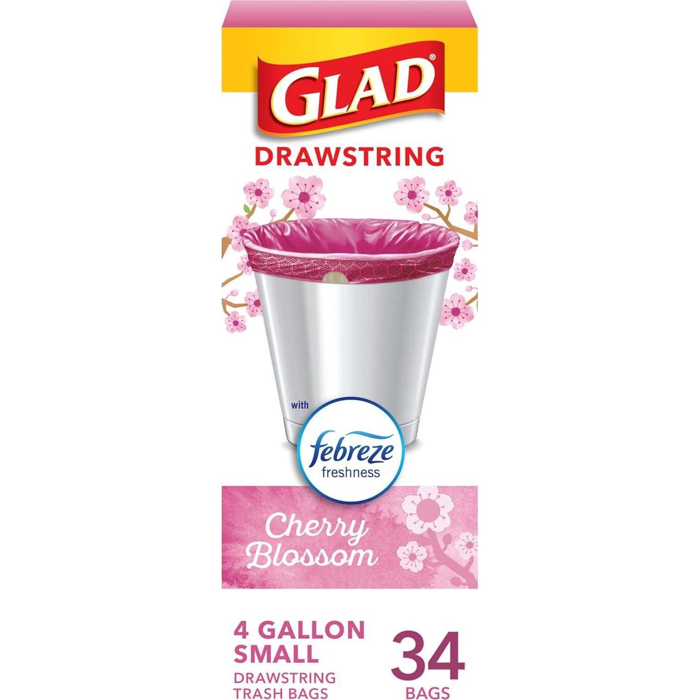 Glad OdorShield Small Drawstring Trash Bags, 4 Gallon, Pink Cherry Blossom, 34 Count (Pack May Vary)