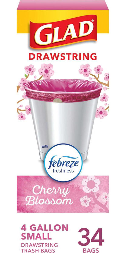 Glad OdorShield Small Drawstring Trash Bags, 4 Gallon, Pink Cherry Blossom, 34 Count (Pack May Vary)