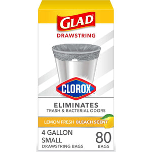 Glad Small Drawstring Trash Bags with Clorox, 4 Gal, Lemon Fresh Bleach, 80 Count (Packaging May Vary)