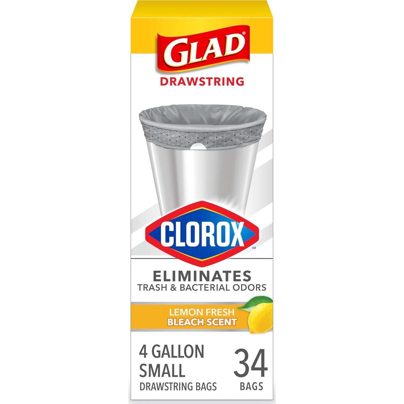 Glad Glad Small Drawstring Trash Bags With Clorox, 4 Gal, Lemon Fresh Bleach, 34 Ct (Package May Vary)