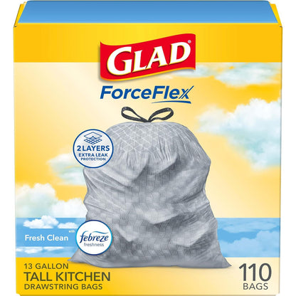 Glad Tall Kitchen Drawstring Trash Bags, OdorShield, 13 Gallon, White, Febreze Fresh Clean, 110 Count