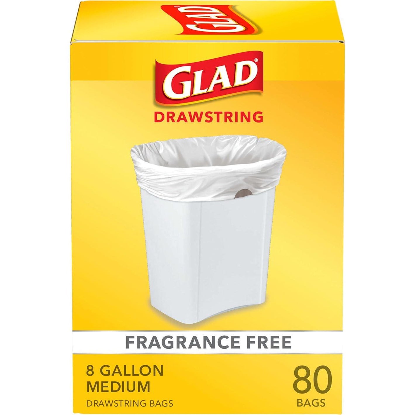 Glad Medium Drawstring Trash Bags, 8 Gallon, White, Fragrance-Free, 80 Count (Pack May Vary)