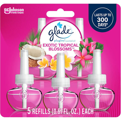 Glade Plugins Refills, Air Freshener with Scented & Essential Oils, Exotic Tropical Blossoms, 335 Fl Oz, 5 Count