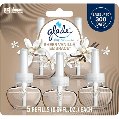 Glade Plugins Refills, Sheer Vanilla Embrace Scented Oil Air Fresheners, Essential Oils for Home & Bathroom, 335 fl oz, 5 Count