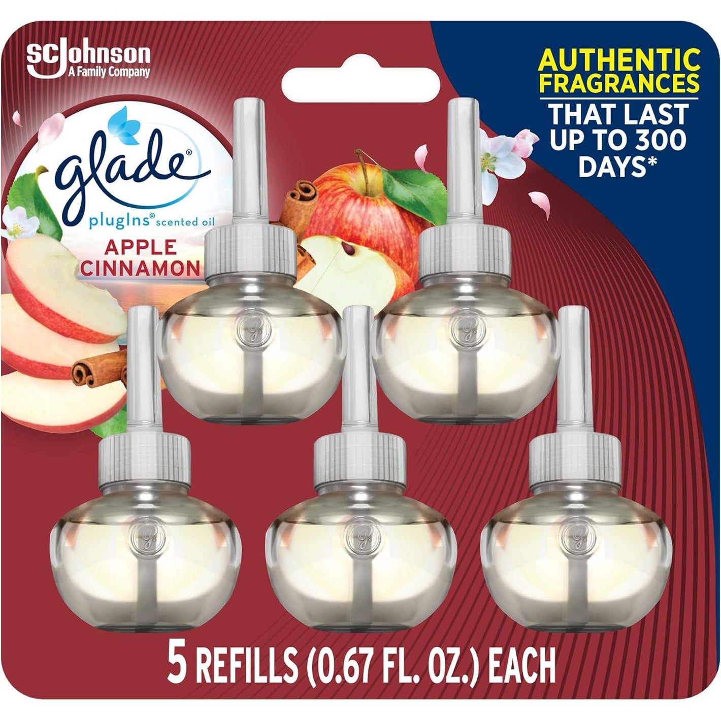 Glade Plugins Scented Oil, Apple Cinnamon, Essential Oil Infused, Wall Plug-In, 335oz, Pack of 5 Refills