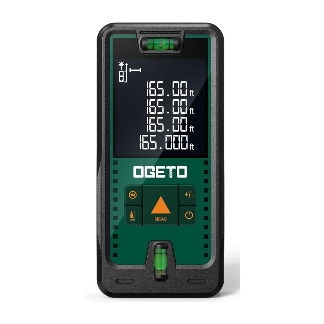Ogeto 165 ft Laser Measure, Digital Laser Distance Meter, 2 Bubble Levels, LCD, Pythagorean Mode, Area & Volume Measurement