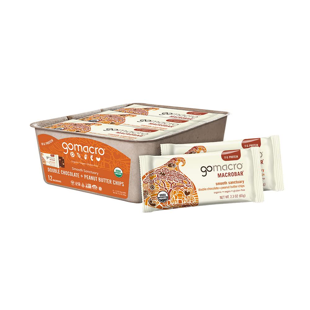 GoMacro MacroBar Organic Vegan Protein Bars, Double Chocolate Peanut Butter Chips, 23oz Bars, 12 Count