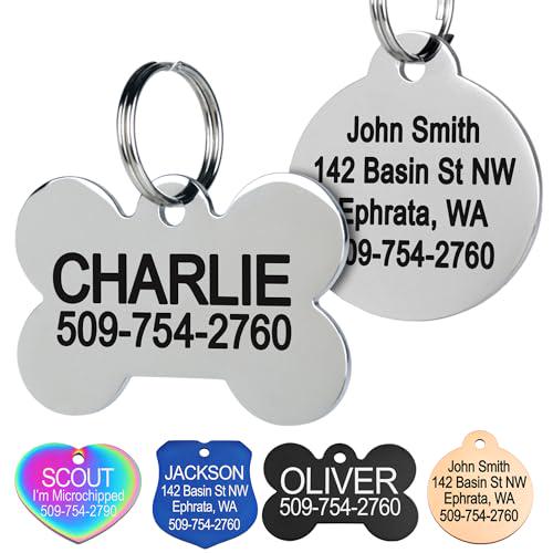 GoTags Stainless Steel Pet ID Tag for Dogs and Cats Engraved Custom Text Both Sides Bone Shape