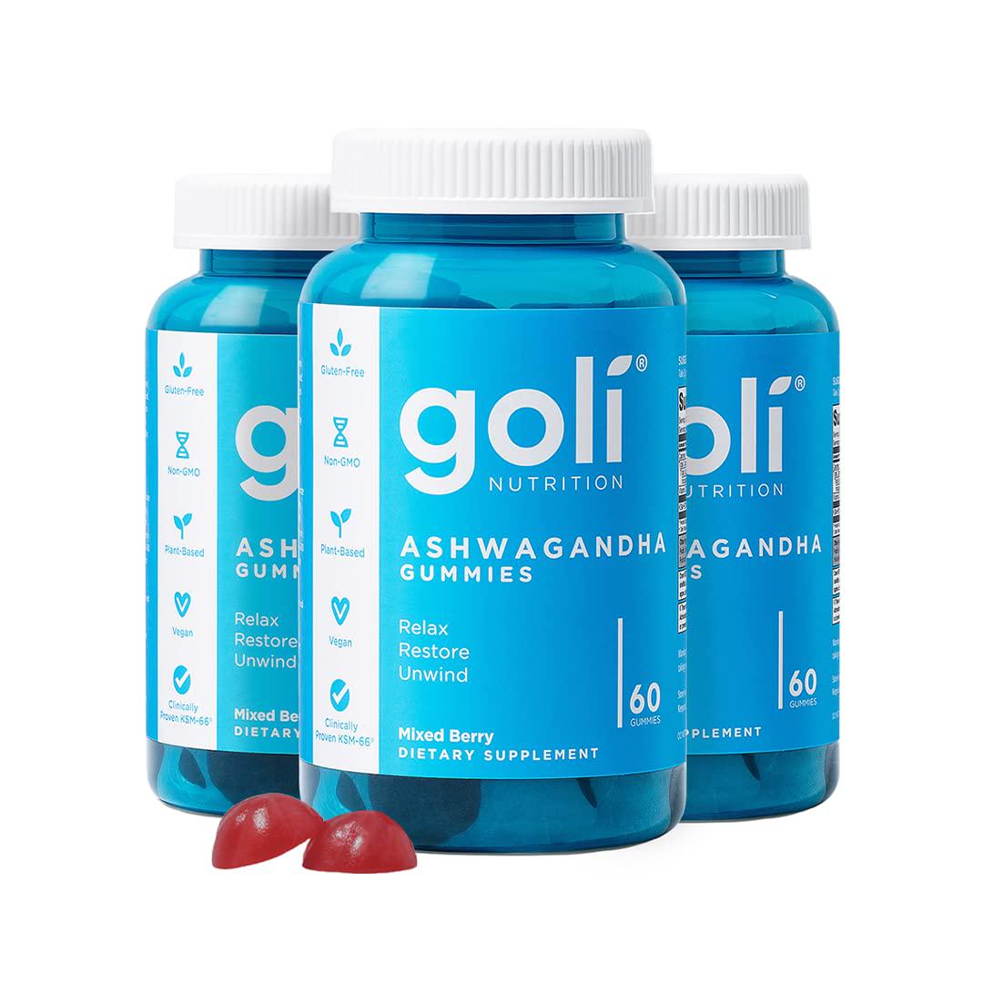 Goli Ashwagandha & Vitamin D Gummy, Mixed Berry, KSM-66, Vegan, Plant-Based, Non-GMO, Gluten-Free, Gelatin-Free, Relax, Restore, Unwind, 180 Count (Pack of 3)