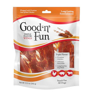 Good 'n' Fun Triple Flavor Wings Dog Chews 12 oz Real Chicken Pork Hide and Beef Hide for All Dogs