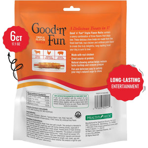 Good 'n' Fun Triple Flavor Rolls for Large Dogs 6 Count Long Lasting Chews with Beef Hide Chicken and Pork Flavor
