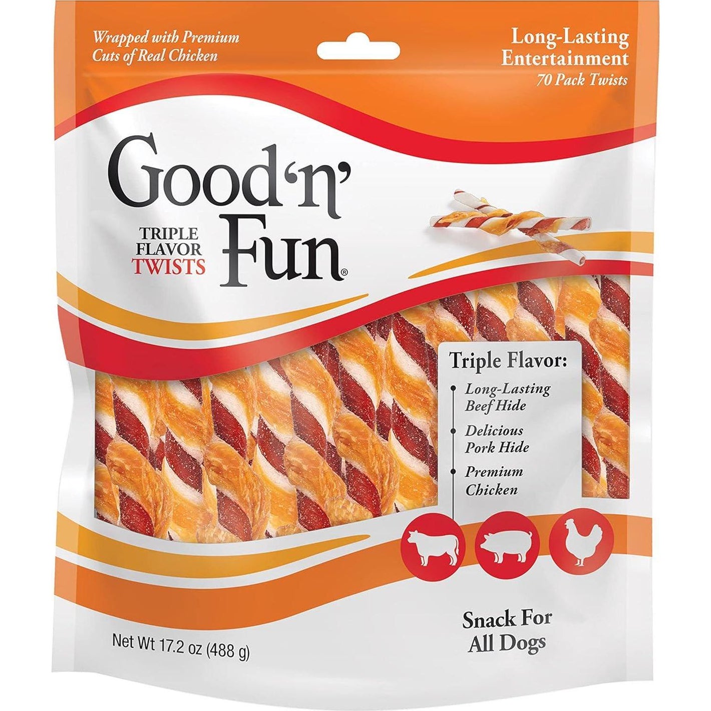 Good 'n' Fun Triple Flavor Twists Dog Chews 70 Ct Beef Pork Hide and Chicken Treats