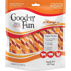 Good 'n' Fun Triple Flavor Twists Dog Chews 70 Ct Beef Pork Hide and Chicken Treats
