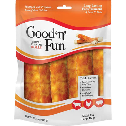 Good 'n' Fun Triple Flavor Rolls for Large Dogs 6 Count Long Lasting Chews with Beef Hide Chicken and Pork Flavor